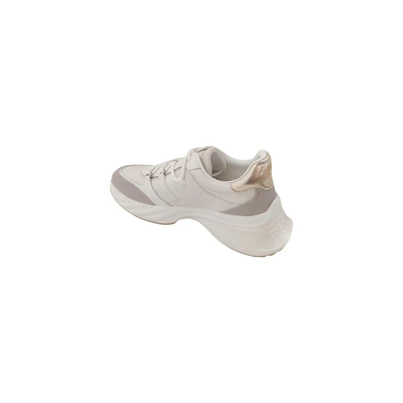 Pinko women white slip on polyester sneakers with cream leather upper, chunky white sole, and subtle gray accents