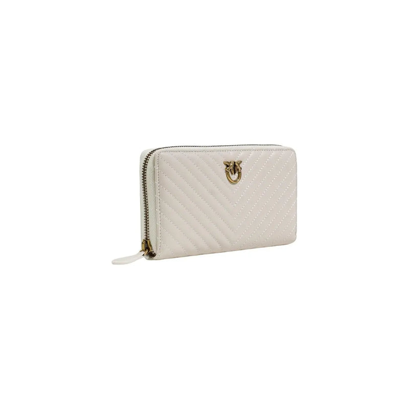 matelassé couleur crème Pinko Portefeuille blanc zippé pour femme en polyuréthane avec fermoir et tirette de fermeture éclair dorés ornés d'un logo chat.