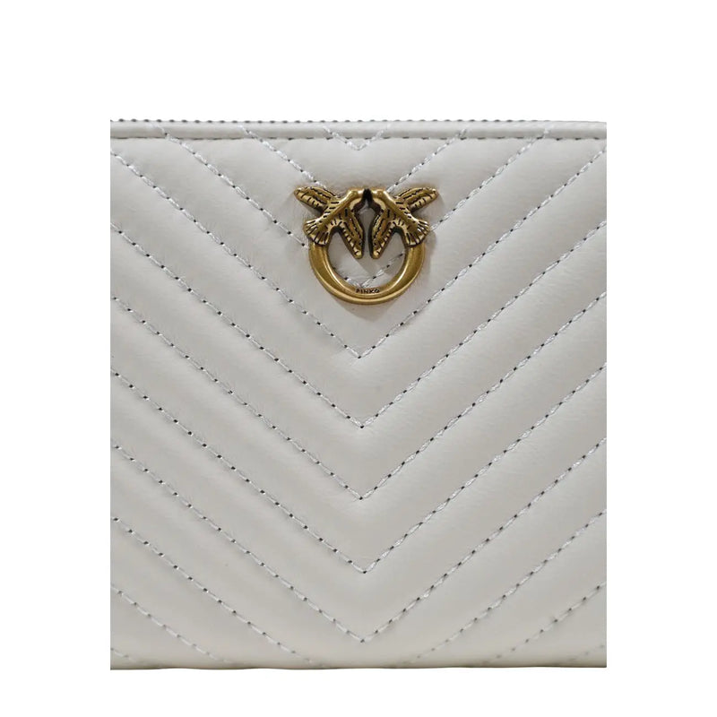 Pinko Portefeuille zippé pour femme en cuir matelassé blanc avec fermoir anneau et oiseau doré, en polyuréthane, dimensions 21 x 12 x 4 cm