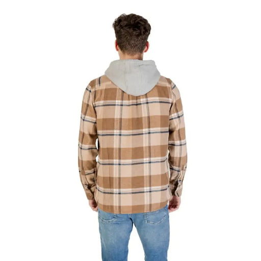 Brown plaid hooded shirt displayed in a stylish men’s fashion product image