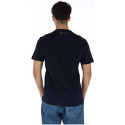Navy blue cotton plein sport short-sleeved t-shirt with round neck and black label at back of neck displaying ken