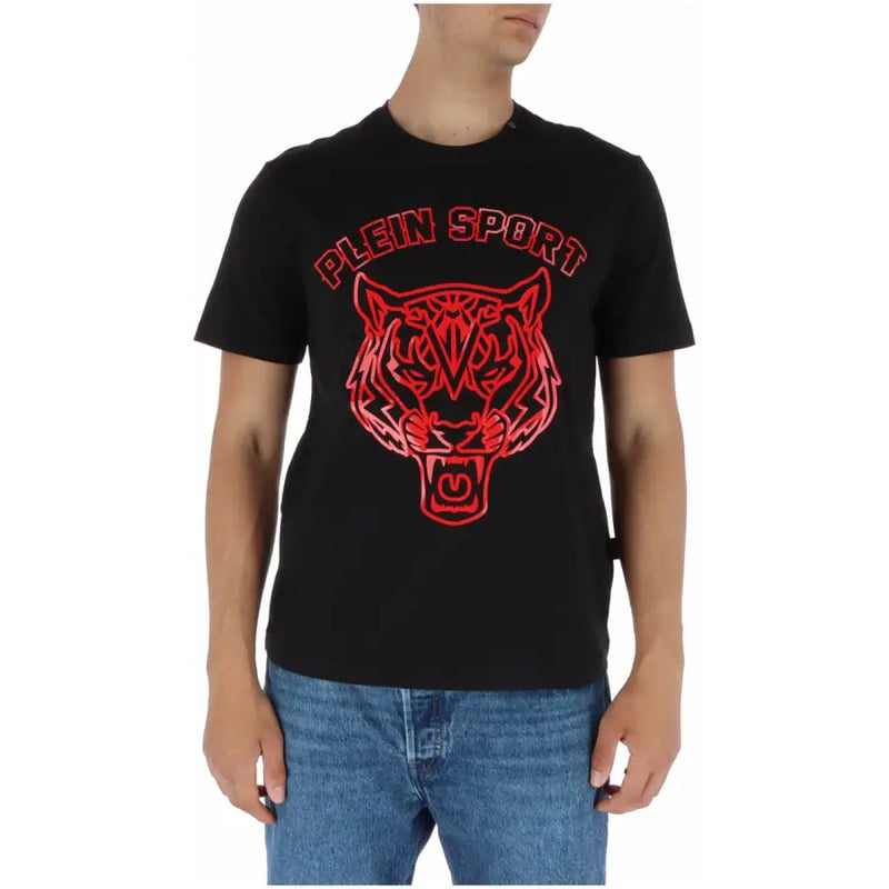 Plein Sport men’s black round neck t-shirt featuring a bold red tiger graphic with Plein Sport logo above