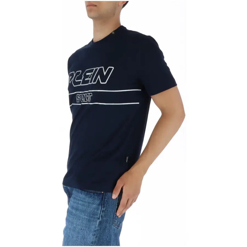 Navy blue Plein Sport men’s short sleeve t-shirt with white logo and horizontal stripe design in breathable fabric