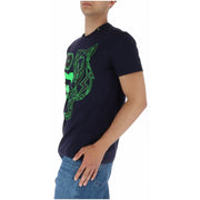 Navy blue Plein Sport men’s short sleeve t-shirt with neon green stylized tiger graphic and round neck design