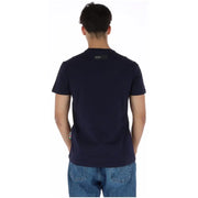 Navy blue plein sport men’s short-sleeved t-shirt with round neck and small black label at the neckline