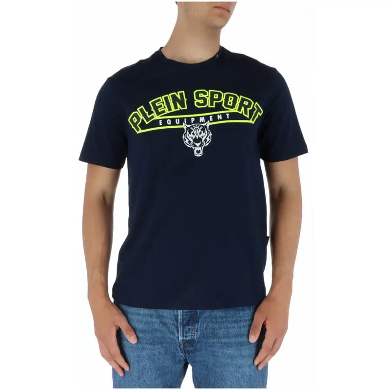 Plein Sport men’s navy blue cotton t-shirt with neon yellow and white tiger logo printed graphic design