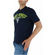 Plein Sport men’s navy blue short-sleeved printed cotton t-shirt with neon yellow and white tiger graphic