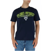 Plein Sport men’s navy blue cotton t-shirt with neon yellow and white tiger logo printed graphic design