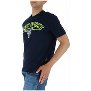 Plein Sport men’s navy blue short-sleeved printed cotton t-shirt with neon yellow and white tiger graphic