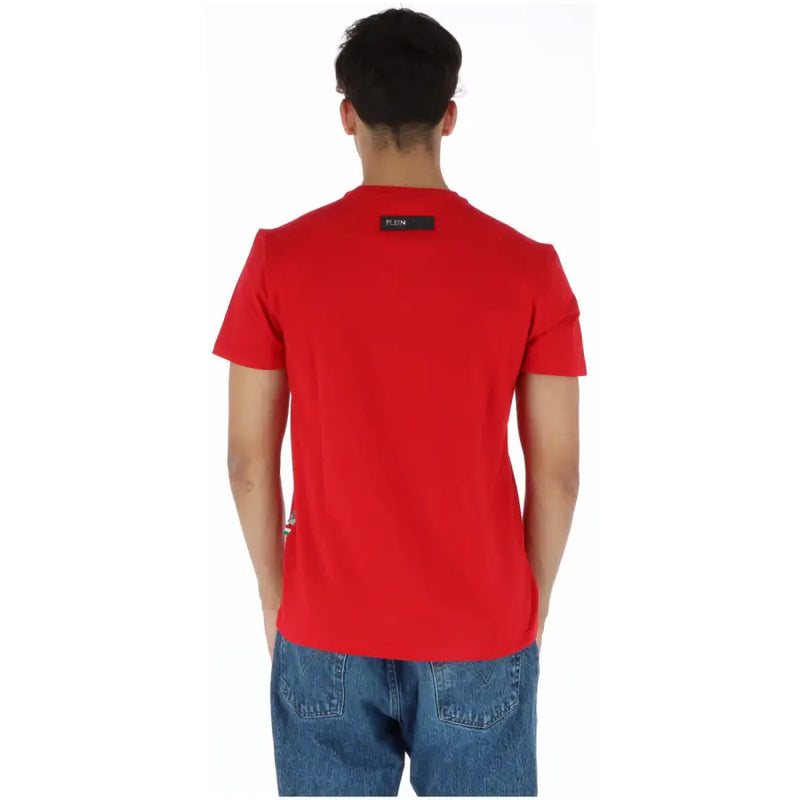 Plein Sport men’s red short sleeve t-shirt with black calvin klein label at the neckline for casual wear