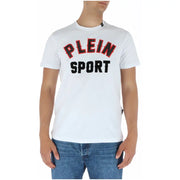 Plein Sport men’s white cotton short sleeve t-shirt with bold black and red plein sport lettering on the front