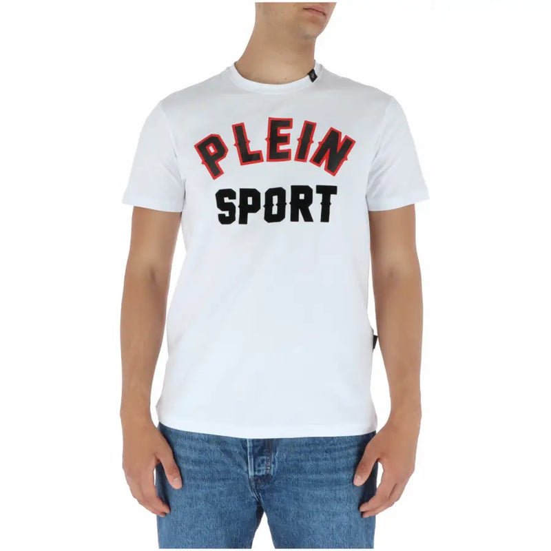 Plein Sport men’s white cotton short sleeve t-shirt with bold black and red plein sport lettering on the front