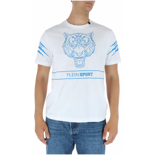 Plein Sport men’s white short-sleeve cotton t-shirt with bold blue tiger graphic and stripe accents on sleeves