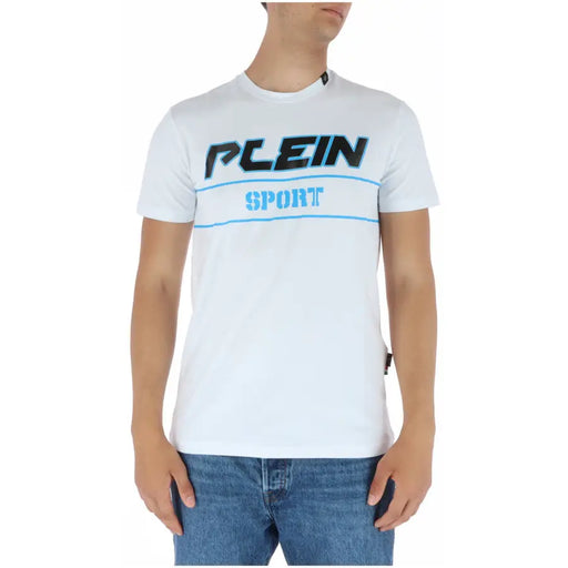 Plein Sport men’s white short sleeve t-shirt with bold black and light blue graphic lettering on chest