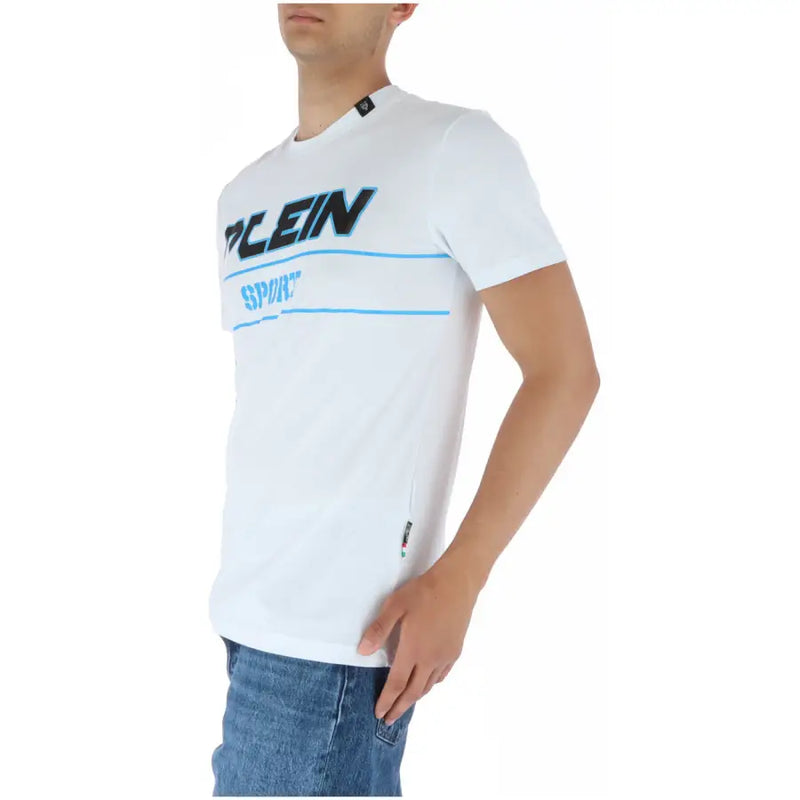 Plein Sport men’s white short-sleeve cotton t-shirt with bold black and light blue plein sport print on chest