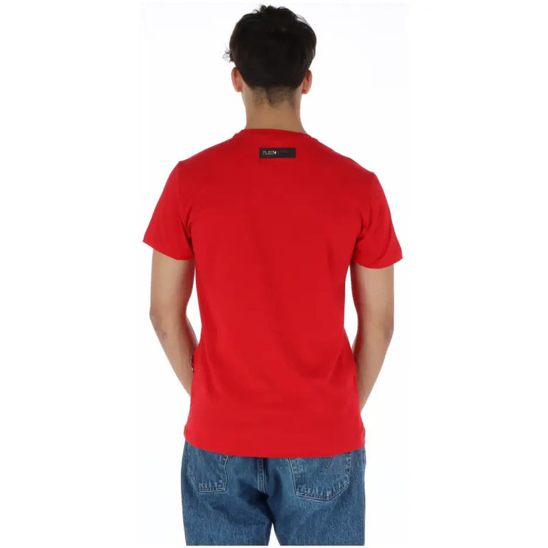 Red calvin klein t-shirt with a black label at the neckline featured in the plein sport red printed mens short sleeve tee