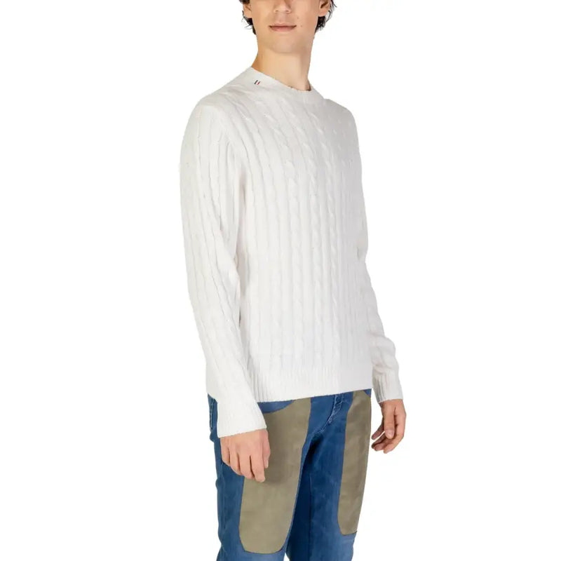 US Polo Assn mens white cable-knit crew neck sweater in soft cotton cashmere blend with ribbed cuffs