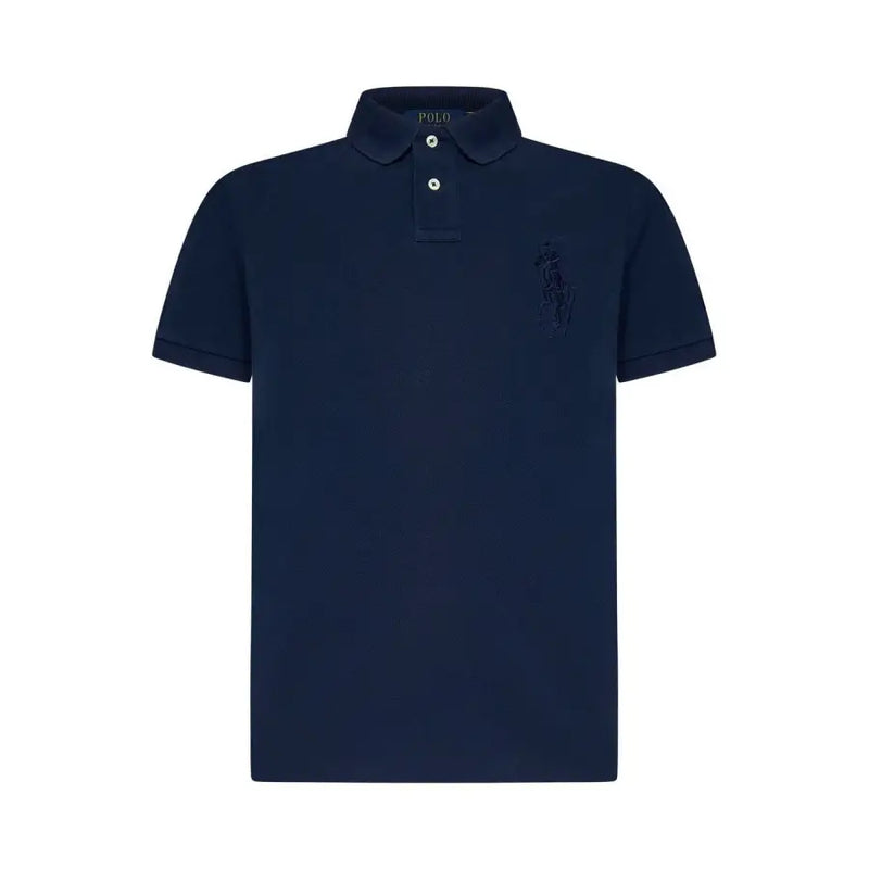 Navy blue polo shirt with white logo and collar, ralph lauren brand.