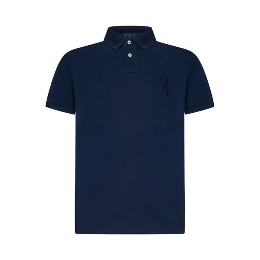 Navy blue polo shirt with white logo and collar, ralph lauren brand.