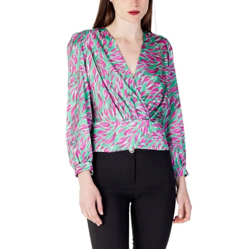 Printed long-sleeve wrap blouse by Rinascimento in green, featuring a V-neck design