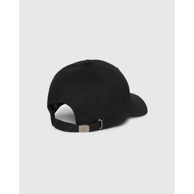 Casquette de baseball Psycho Bunny pour homme, en coton noir avec sangle ajustable et boucle argentée métallisée (vue arrière)