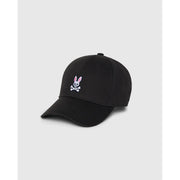Casquette de baseball Psycho Bunny pour homme, en coton noir, ornée d'un crâne de lapin blanc brodé et de tibias croisés avec des oreilles roses.