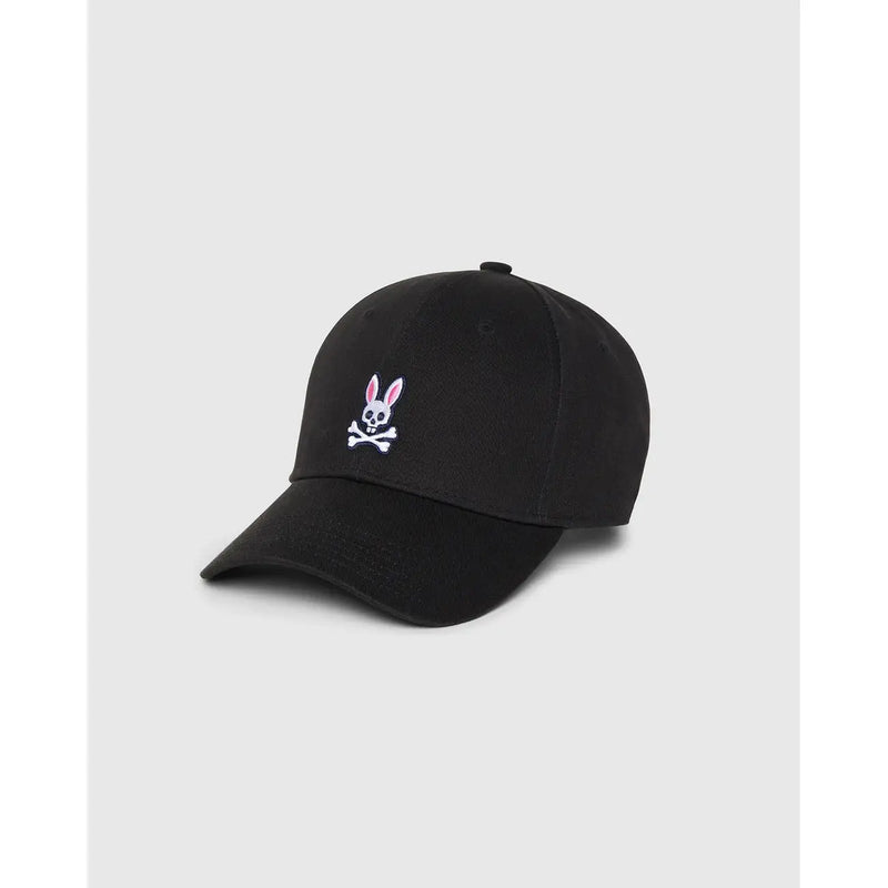 Casquette de baseball Psycho Bunny pour homme, en coton noir, ornée d'un crâne de lapin blanc brodé et de tibias croisés avec des oreilles roses.
