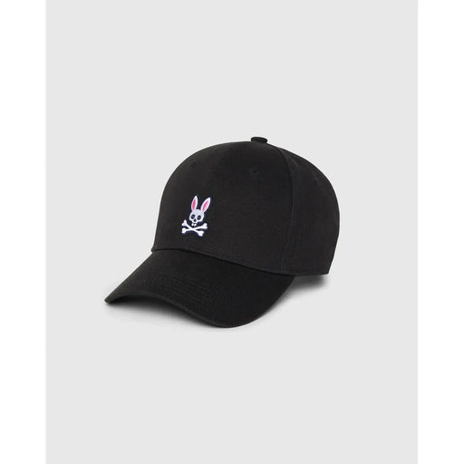 Casquette de baseball Psycho Bunny pour homme, en coton noir, ornée d'un crâne de lapin blanc brodé et de tibias croisés avec des oreilles roses.