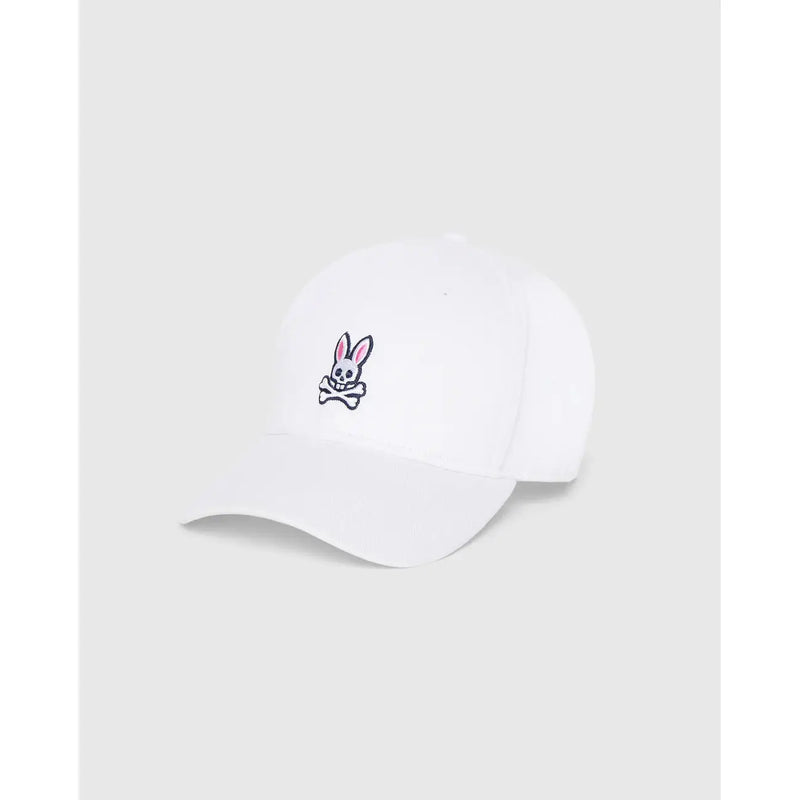 Casquette de baseball Psycho Bunny pour homme, en coton blanc, taille ajustable, logo tête de lapin brodé avec oreilles roses.