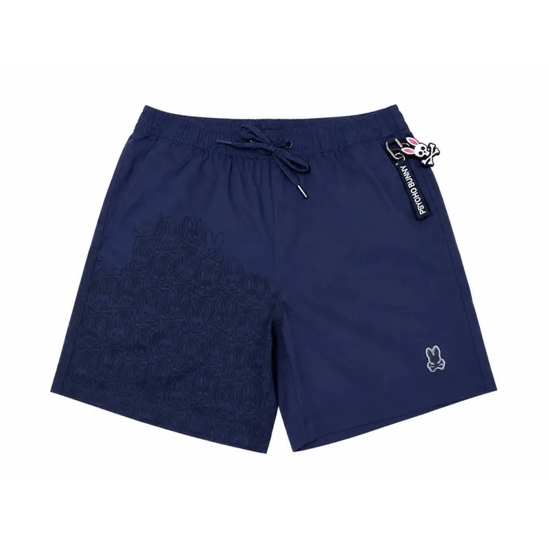 Short de bain homme Psycho Bunny bleu en polyester avec motif lapin en relief et logo brodé près de l'ourlet