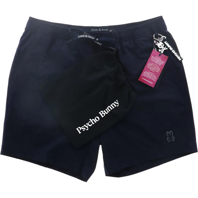 Dark navy blue psycho bunny men swim trunks with drawstring waistband polyester fabric and embroidered logo on lower leg