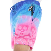 Maillot de bain homme Psycho Bunny rose en polyester avec motif tête de mort et os croisés dégradé bleu et rose, et poches