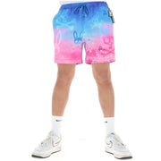 Short de bain homme Psycho Bunny rose en polyester avec dégradé bleu et rose vif et motifs de lapins à têtes de mort.