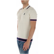Cream-colored ribbed cotton polo shirt for men by Psycho Bunny with navy and pink trim on collar sleeves and hem