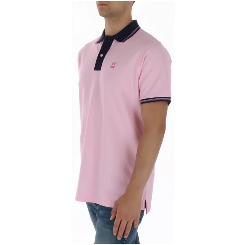 Polo homme rose à motif lapin psychédélique, col et finitions de manches bleu marine, en coton à manches courtes mt0100120