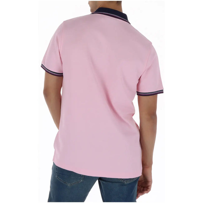 Psycho bunny men polo shirt pink short sleeve cotton with navy blue collar and sleeve trim for casual wear