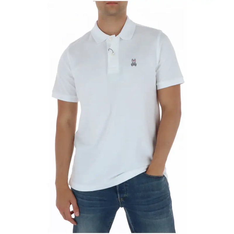 Polo blanc à manches courtes en coton avec logo lapin brodé sur la poitrine gauche de la marque Psycho Bunny
