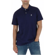Polo homme bleu marine à manches courtes en coton, orné d'un logo lapin et crâne brodé en blanc sur la poitrine gauche.