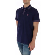 Polo homme Psycho Bunny en coton bleu marine à manches courtes, orné d'un logo lapin brodé rose et de fines rayures blanches.