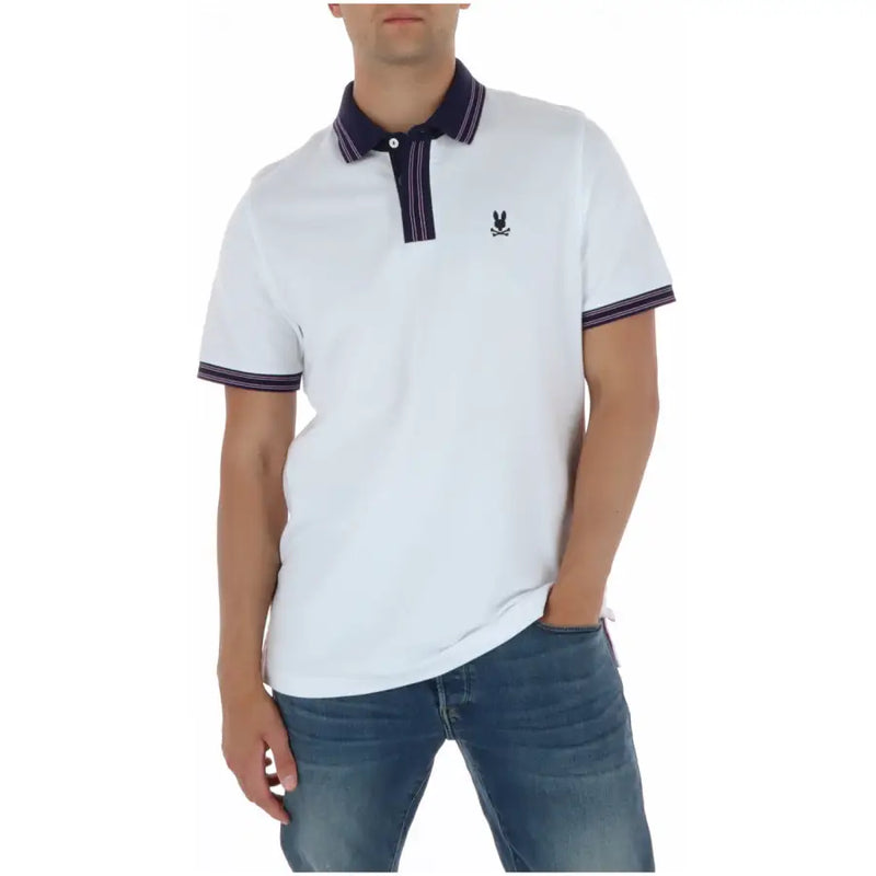 Polo homme blanc à manches courtes avec col bleu marine, en coton et logo brodé