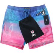 Psycho bunny men swim trunks with vibrant blue to pink gradient skull and bunny motifs made of lightweight fabric