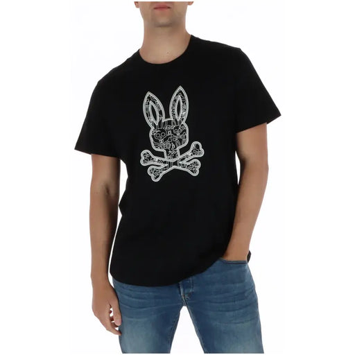 T-shirt homme Psycho Bunny noir à manches courtes, col rond, orné d'un crâne de lapin blanc brodé.