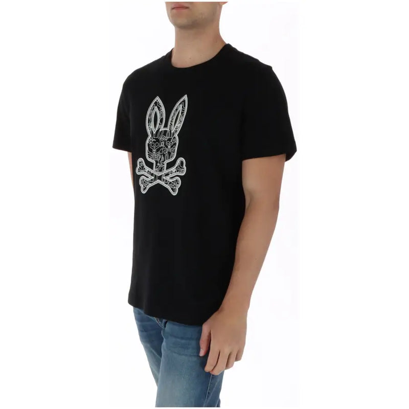 T-shirt homme en coton noir à motif lapin psychopathe brodé de tête de mort et d'os croisés blancs, col rond