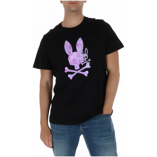 T-shirt homme en coton noir à col rond, orné d'un motif de lapin Playboy rose et violet représentant une tête de mort et des os croisés.