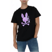Black cotton psycho bunny men t shirt with round neck and purple pink playboy bunny skull crossed bones graphic