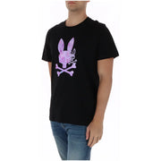 Black cotton Psycho Bunny men t shirt with round neck and pink purple patterned bunny logo with crossed bones