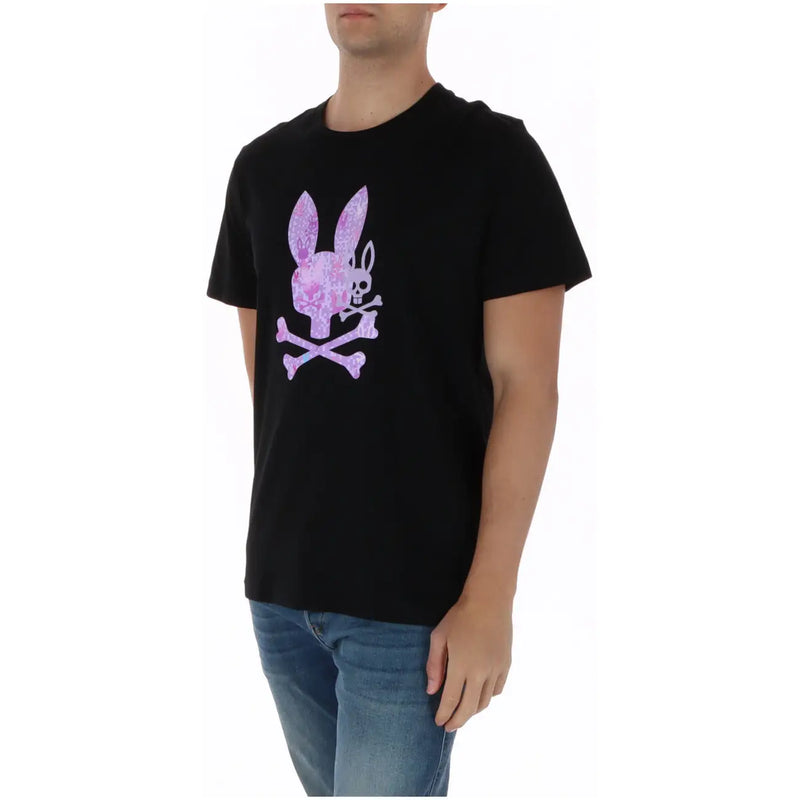 Black cotton Psycho Bunny men t shirt with round neck and pink purple patterned bunny logo with crossed bones