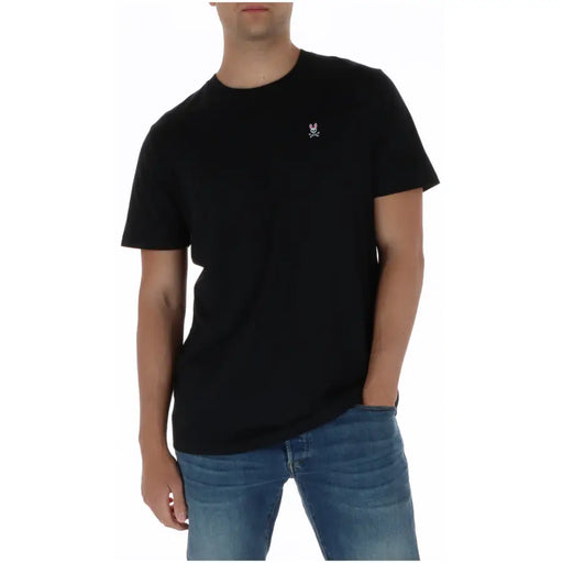 T-shirt homme Psycho Bunny noir à manches courtes, orné d'un petit logo brodé lapin et crâne, 100 % coton, col rond.