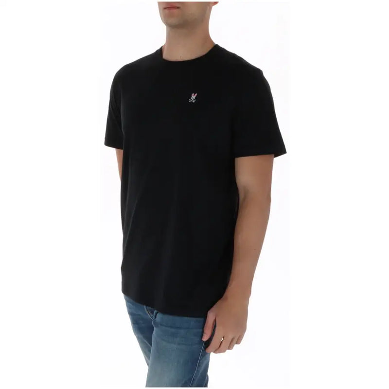 T-shirt homme noir à motif lapin psycho, logo lapin brodé sur la poitrine gauche, 100 % coton, col rond, manches courtes