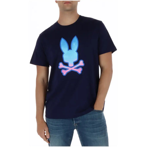 T-shirt homme Psycho Bunny bleu marine avec motif de crâne de lapin dégradé bleu clair et rose, en coton